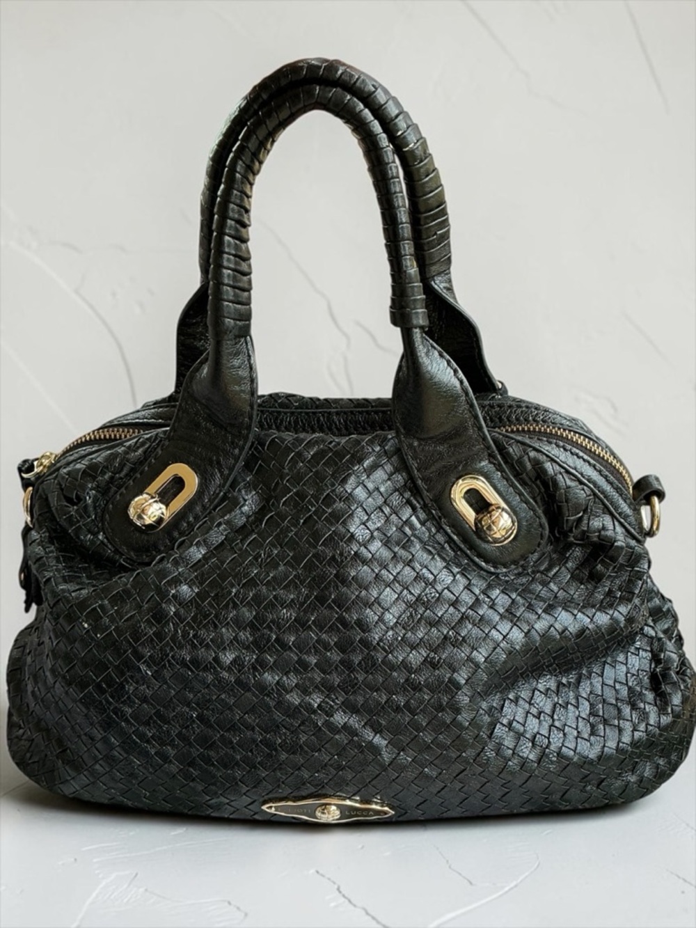 Elliott Lucca Woven Leather Handbag Black Soft Leather Satchel